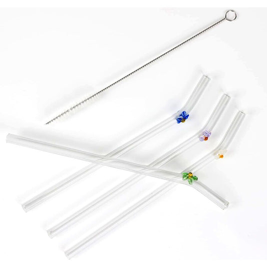 5-piece Set of Glass Straws with Flowers